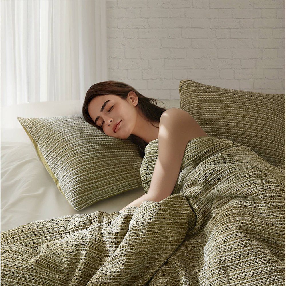 Lyon Waffle Washed Comforter Set, Green color