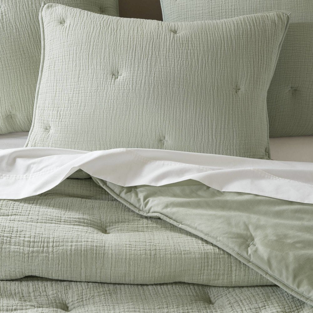 Breeze Cotton Gauze  Embroidered Quilt Set, Sage color
