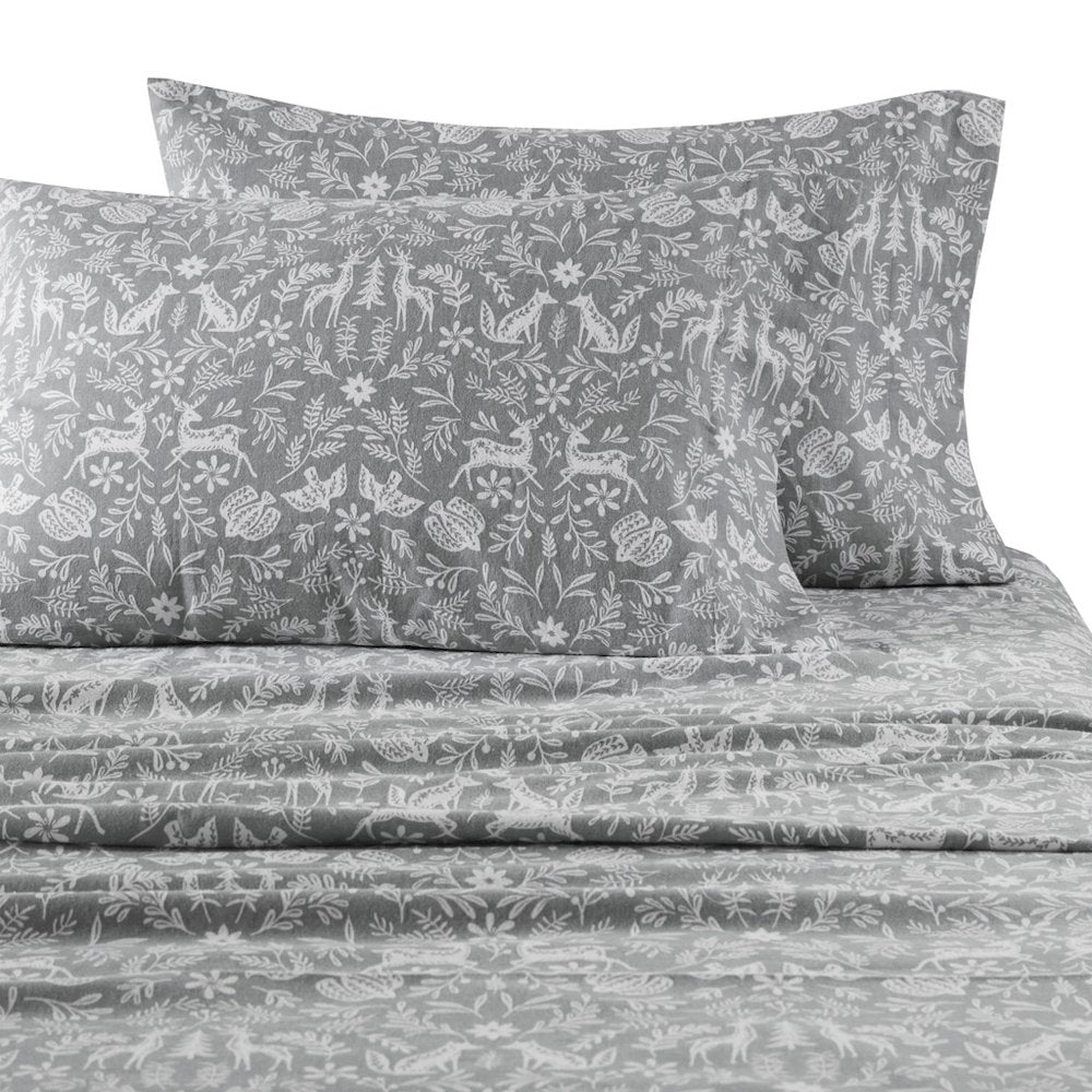 Oversized Cotton Flannel 4 Piece Sheet Set in Sage Winter Fauna