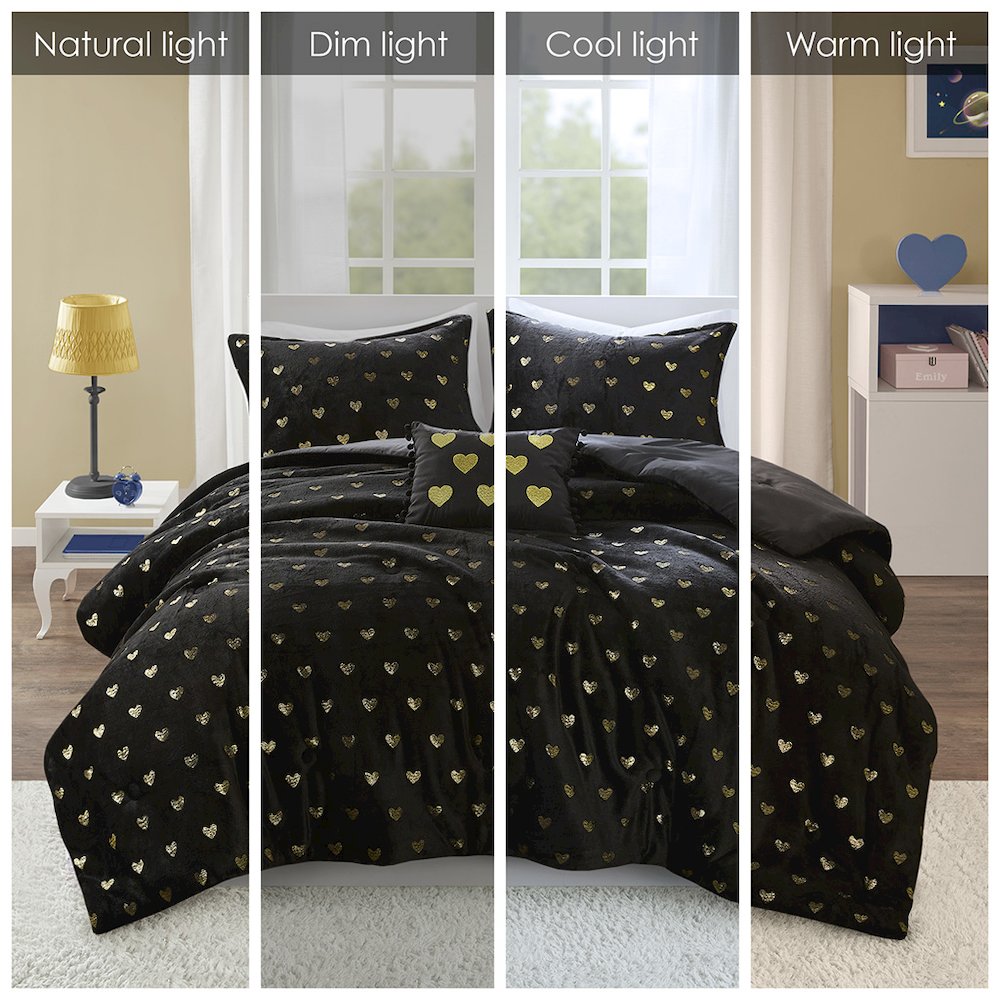 Printed Plush Comforter Set with Throw Pillow in Black/Gold Color