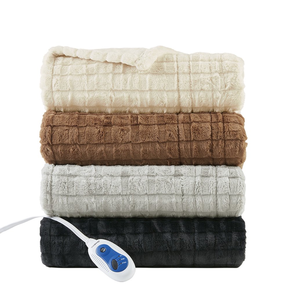 Zuri Oversized Faux Fur Heated Throw in Ivory Texture
