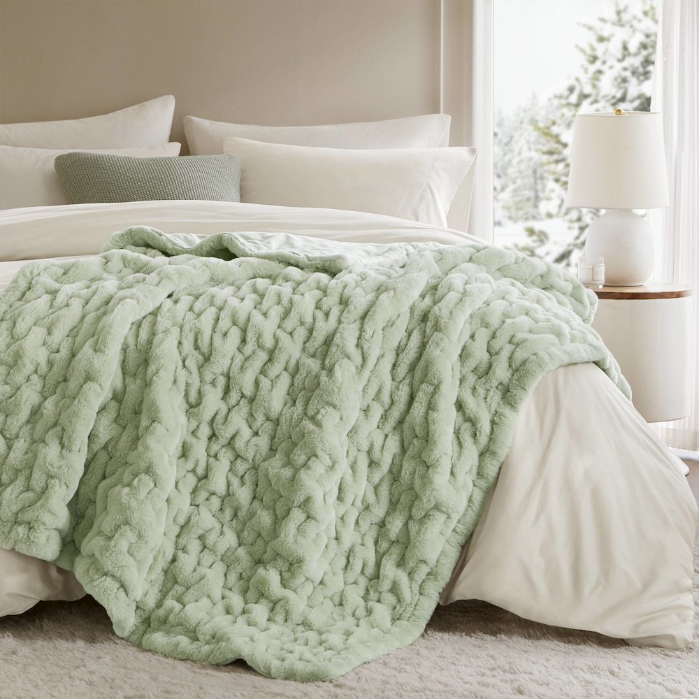 Ruched Fur Faux Fur Throw, Sage Green color