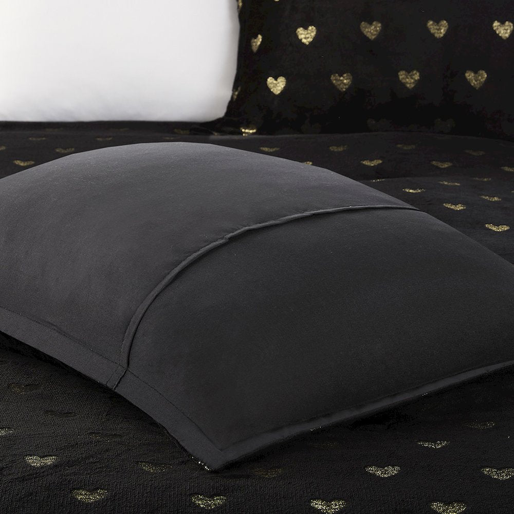 Printed Plush Comforter Set with Throw Pillow in Black/Gold Color