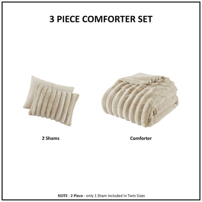 Jasmine 3 Piece Faux Fur Comforter Set in Taupe Color
