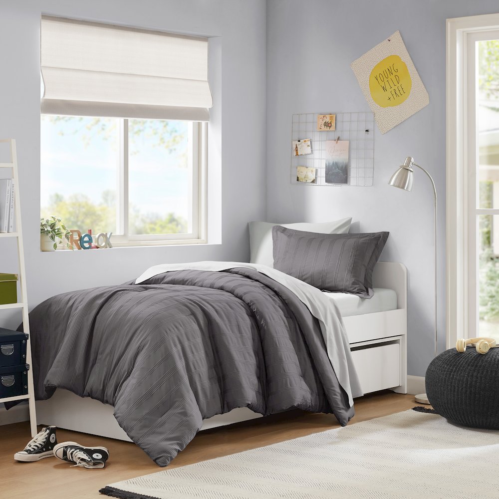 Logan Woven Striped Comforter Set, Charcoal color