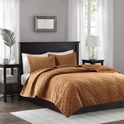 Harper 3 Piece Velvet Quilt Set, Rust color