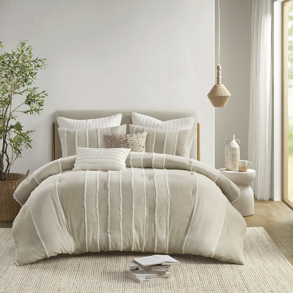 Shay 3 Piece Striped Cotton Comforter Set, Taupe color