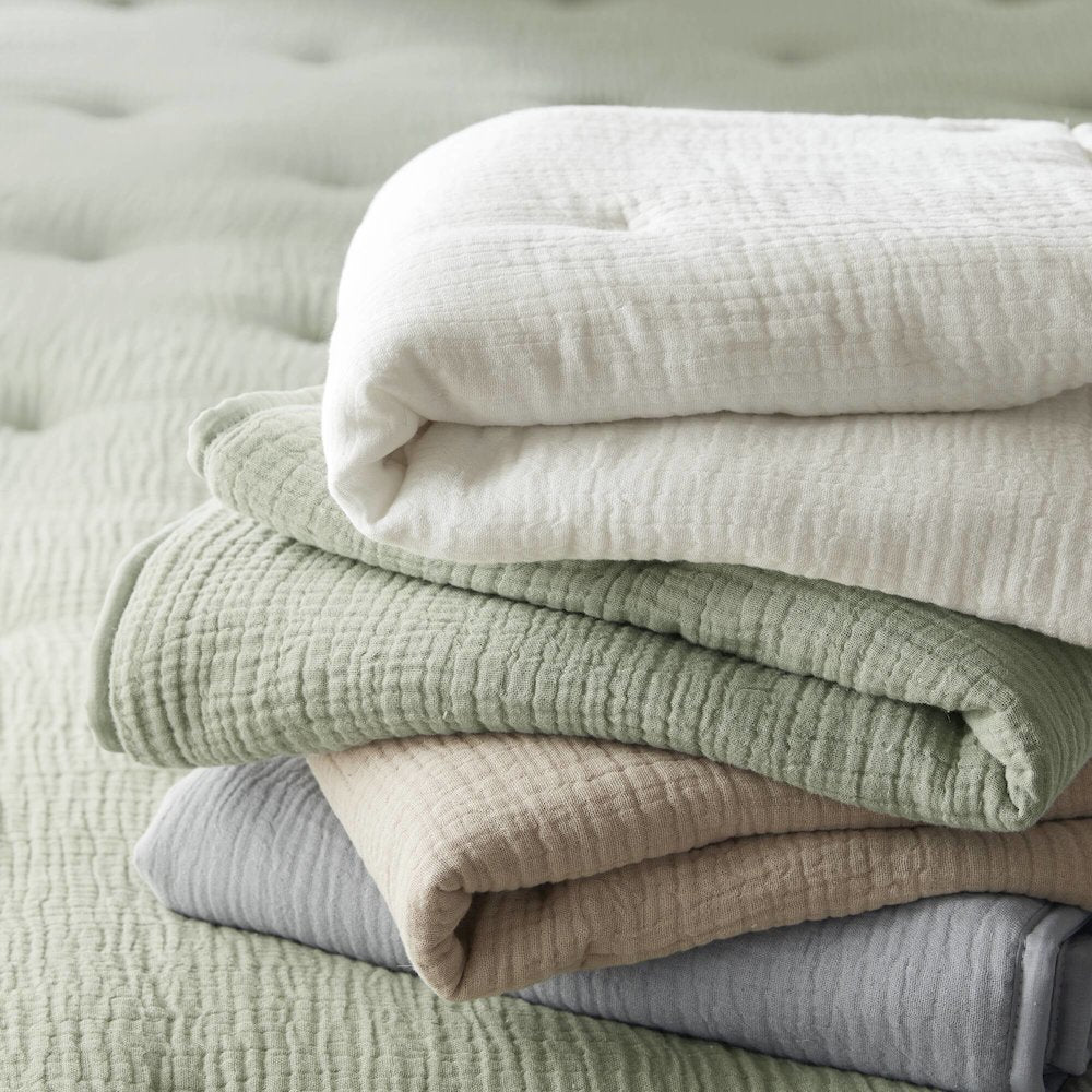 Breeze Cotton Gauze  Embroidered Quilt Set, Sage color