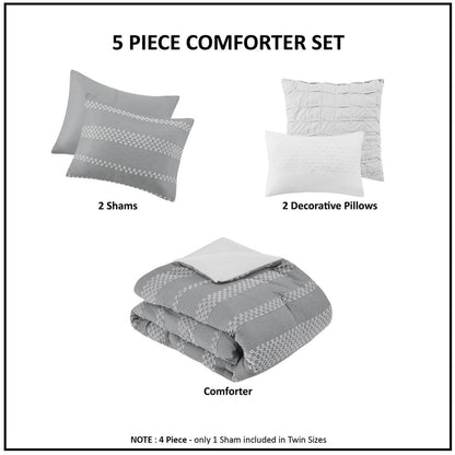 5 Piece Clipped Jacquard Comforter Set with Throw Pillows