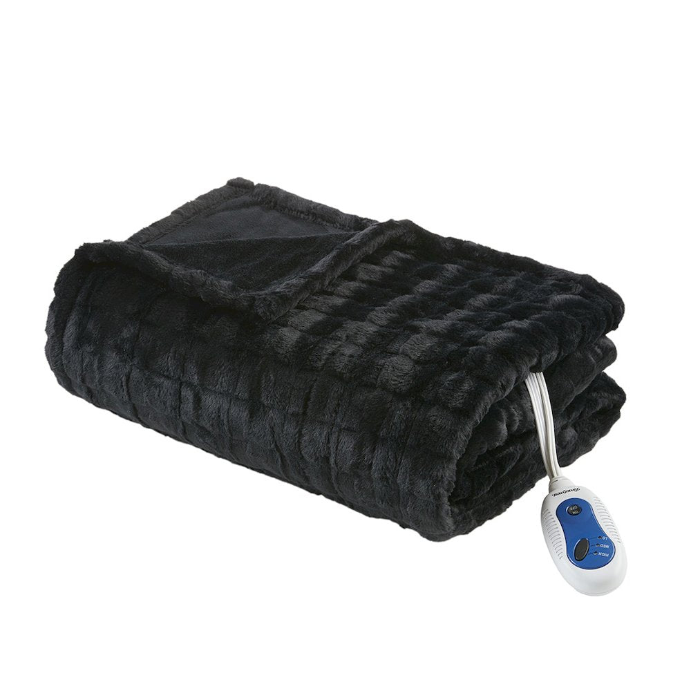 Zuri Oversized Faux Fur Heated Throw in Black Texture