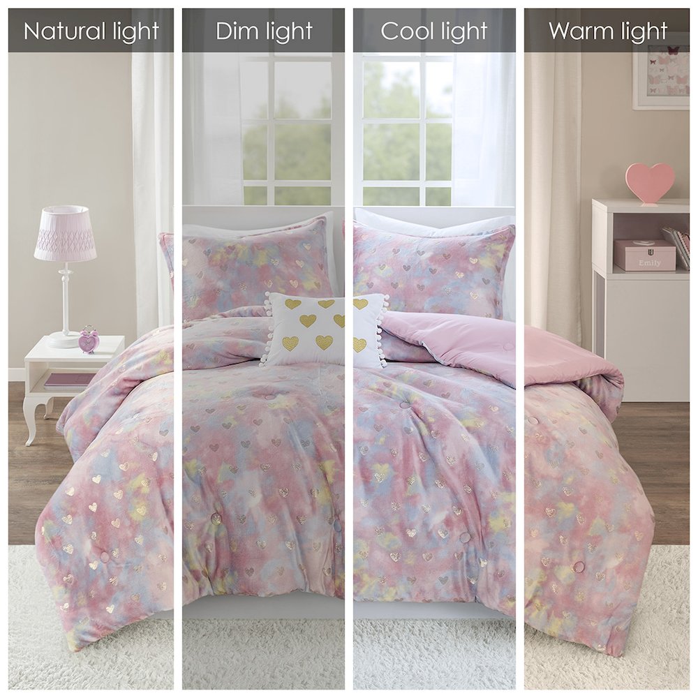 Metallic Printed Plush Comforter Set with Throw Pillow in Pink Multi/Gold Color