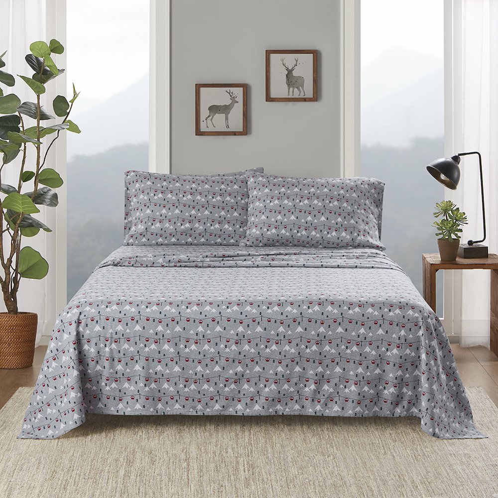 Cotton Flannel Sheet Set in Grey Ski Jump
