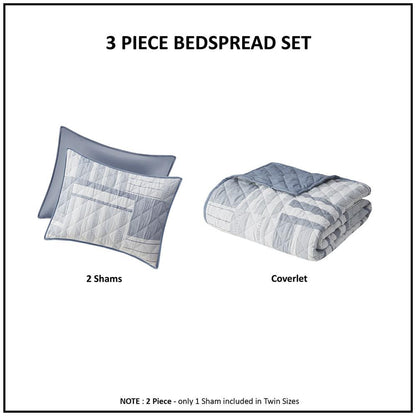 Graham 3 Piece Jacquard Patchwork Quilt Set, Blue color