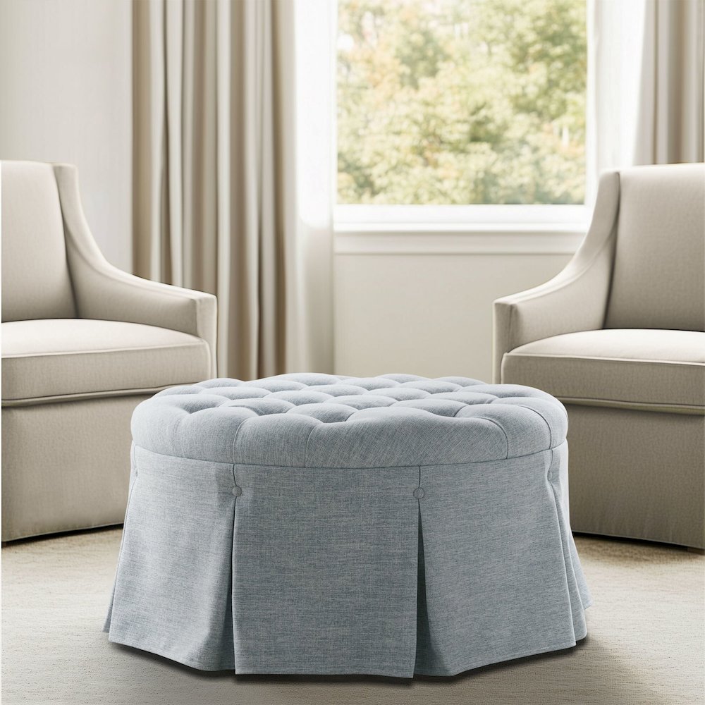 Terri Skirted Tufted 32" Round Ottoman, Light Blue color