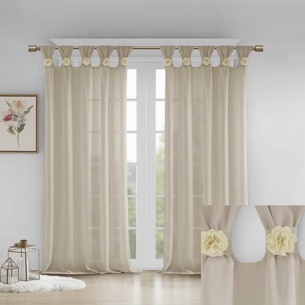 Rosette Floral Embellished Cuff Tab Top Solid Curtain Panel