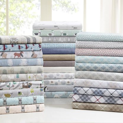 Cozy Flannel Printed Sheet Set, Tan/Blue Snowflakes color