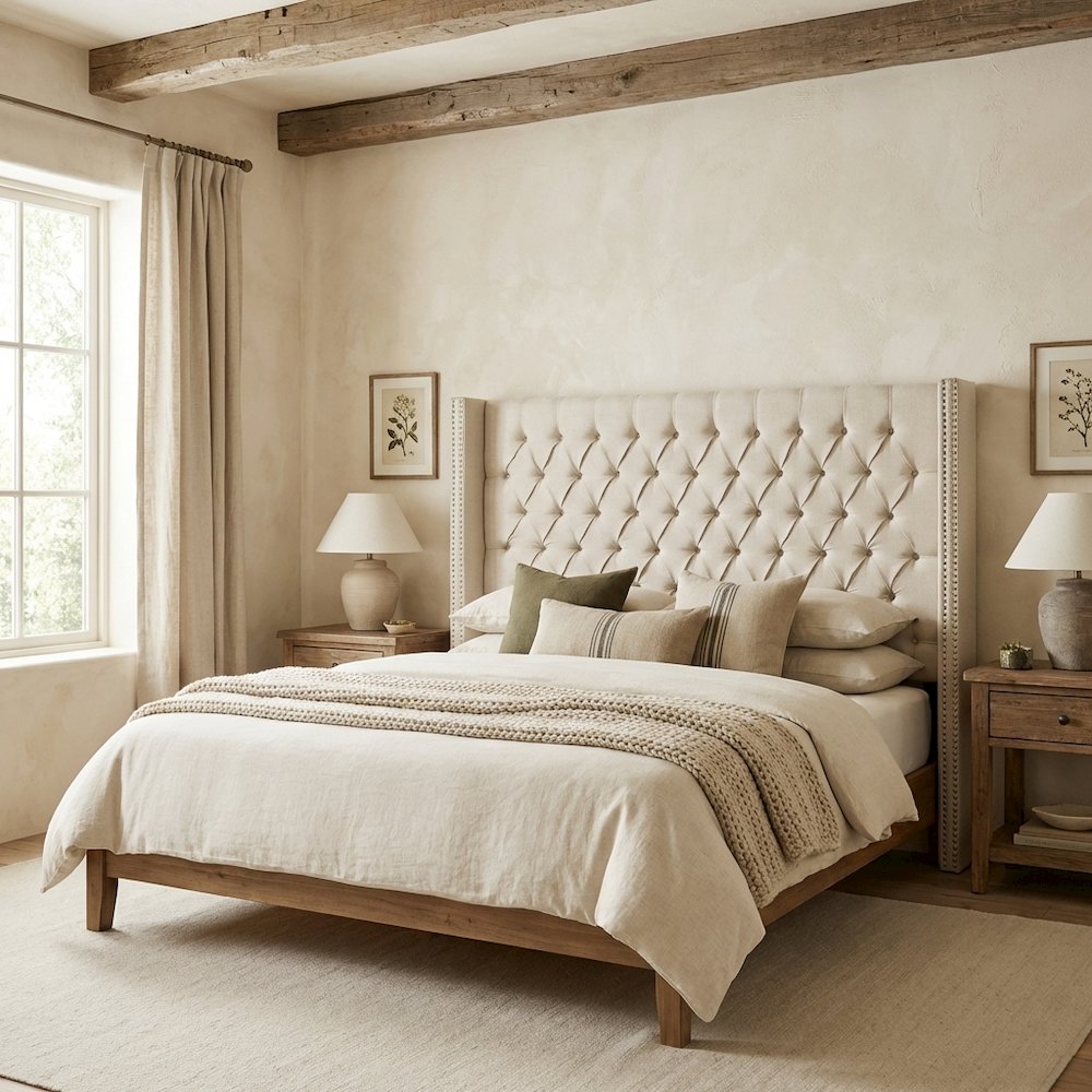 Beige Upholstery Headboard with Plywood Frame and Metal Legs Design