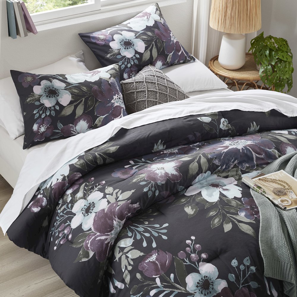 Jolene 3 Piece Cotton Printed Comforter Set, Dark Grey/Plum color