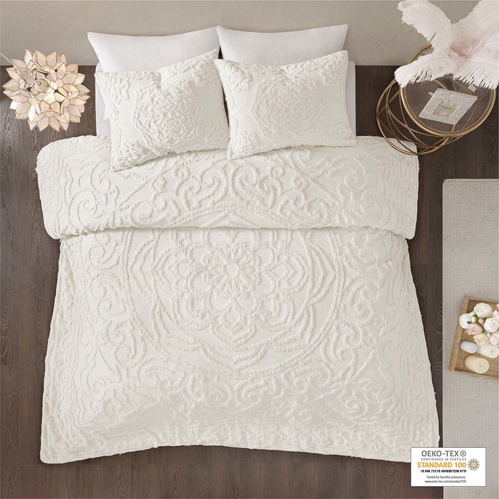3-Piece Tufted Cotton Chenille Medallion Duvet Cover Set