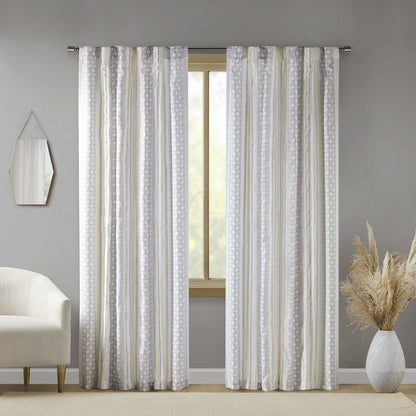 Ebby 2pk Poly Printed Curtain Panel with Tufted Stripe in White/Taupe Color