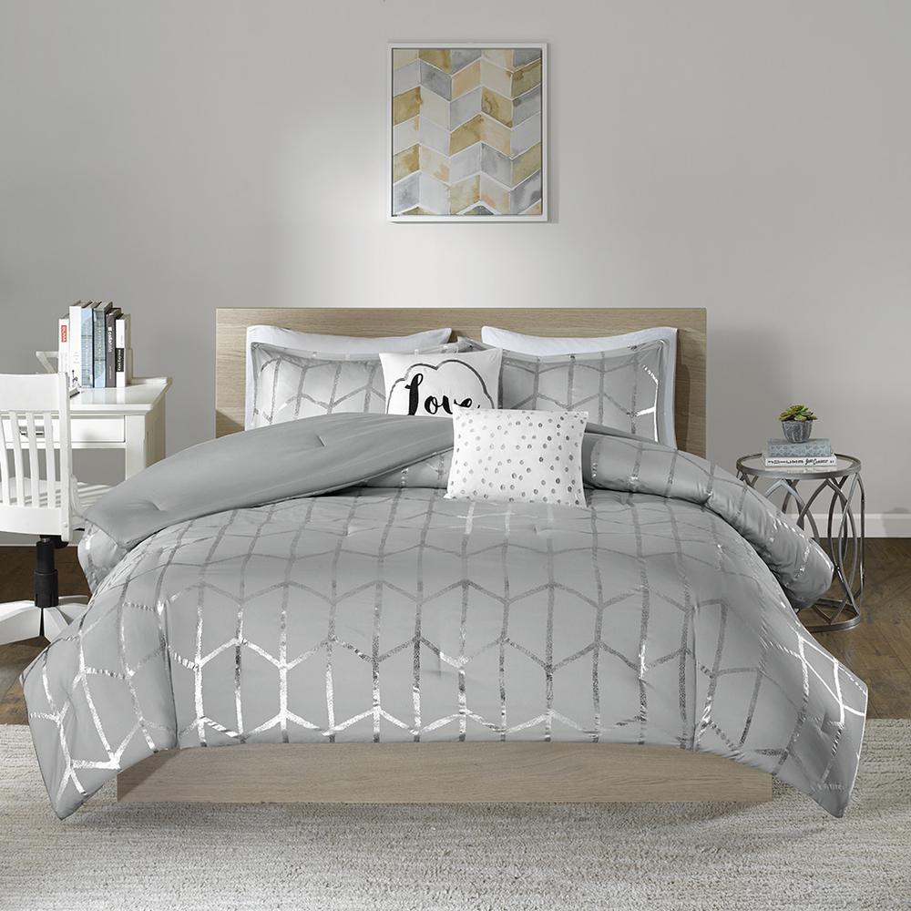Raina Metallic Printed Comforter Set, Grey/Silver color