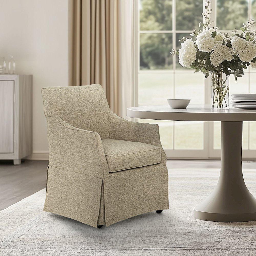 Upholstered Skirted Dining Arm Chair with Hidden Casters