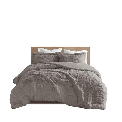Malea Shaggy Fur Duvet Cover Set, Grey color
