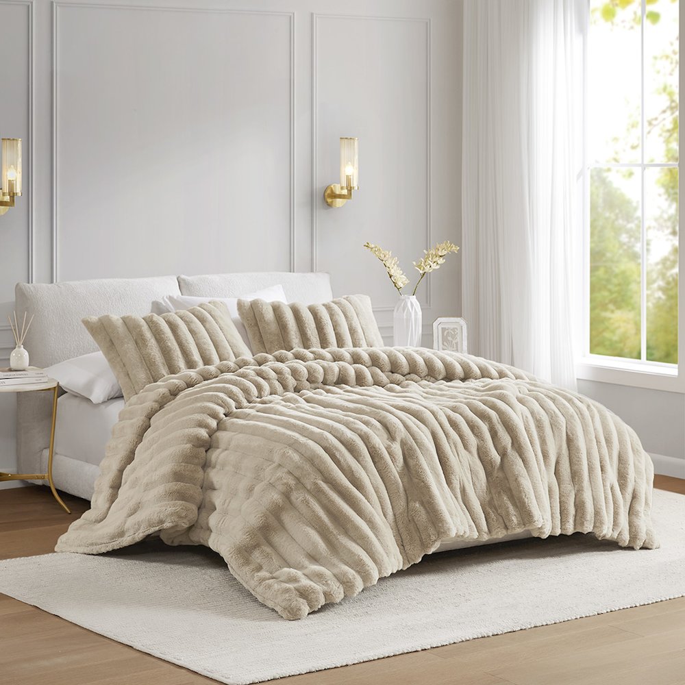 Jasmine 3 Piece Faux Fur Comforter Set in Taupe Color