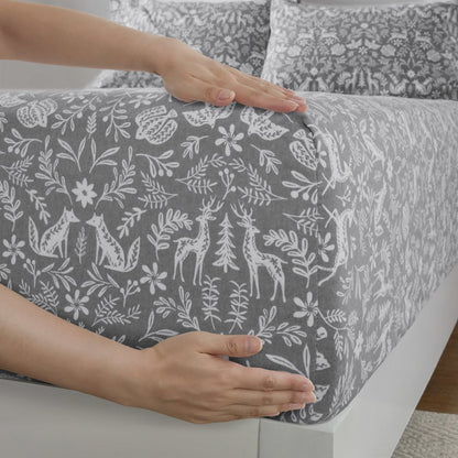 Oversized Cotton Flannel 4 Piece Sheet Set in Sage Winter Fauna
