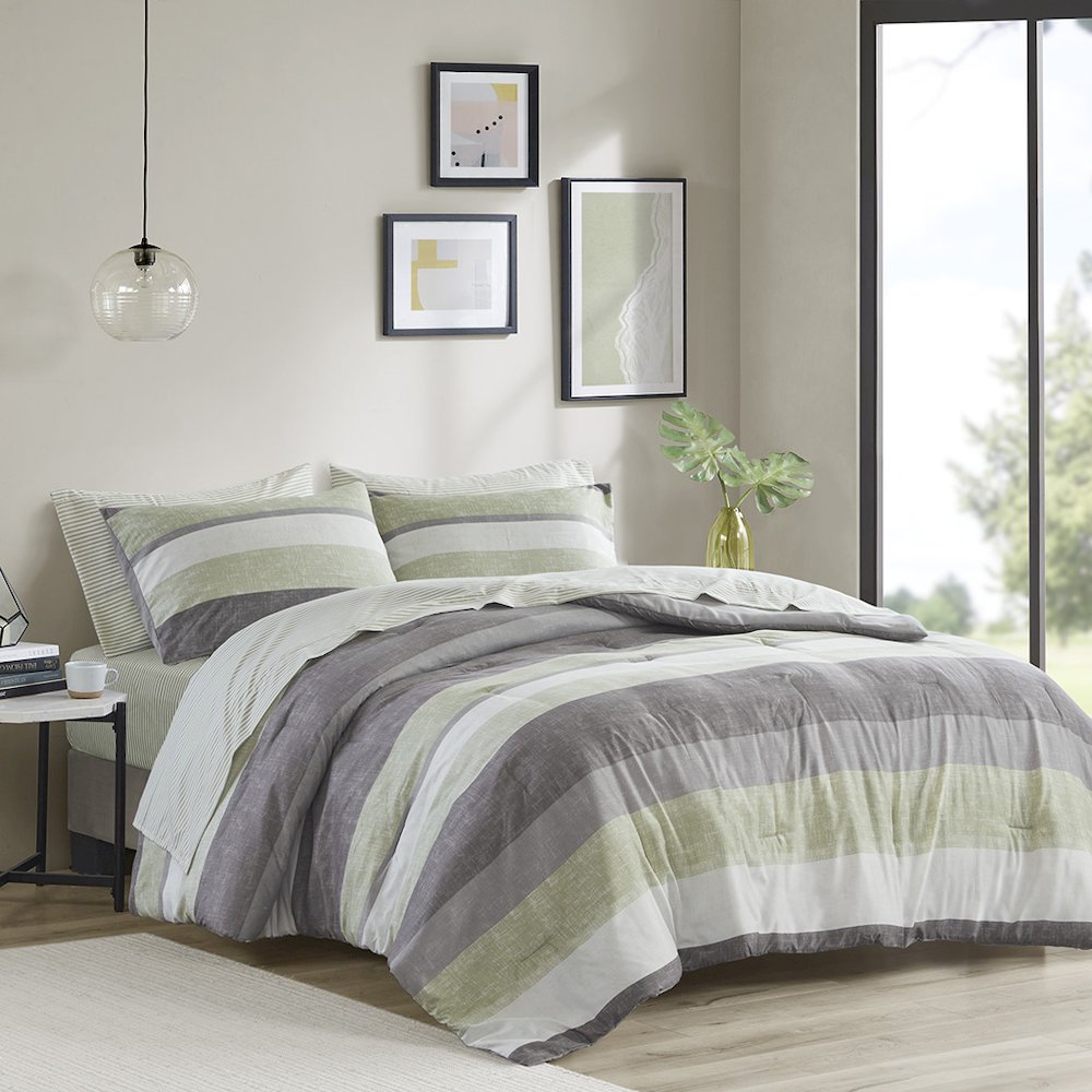Jaxon Stripe Comforter Set with Bed Sheets, Green/Grey color