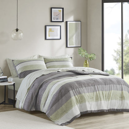 Jaxon Stripe Comforter Set with Bed Sheets, Green/Grey color