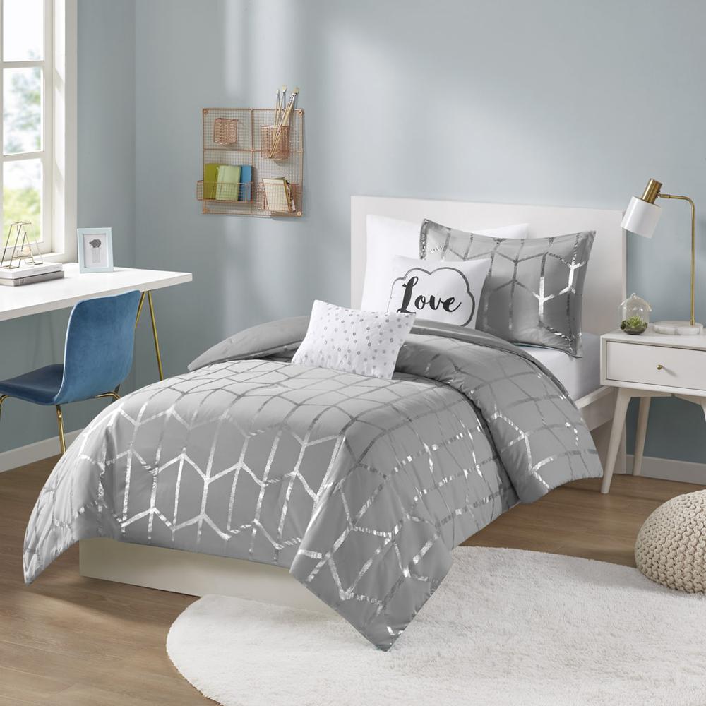 Raina Metallic Printed Comforter Set, Grey/Silver color