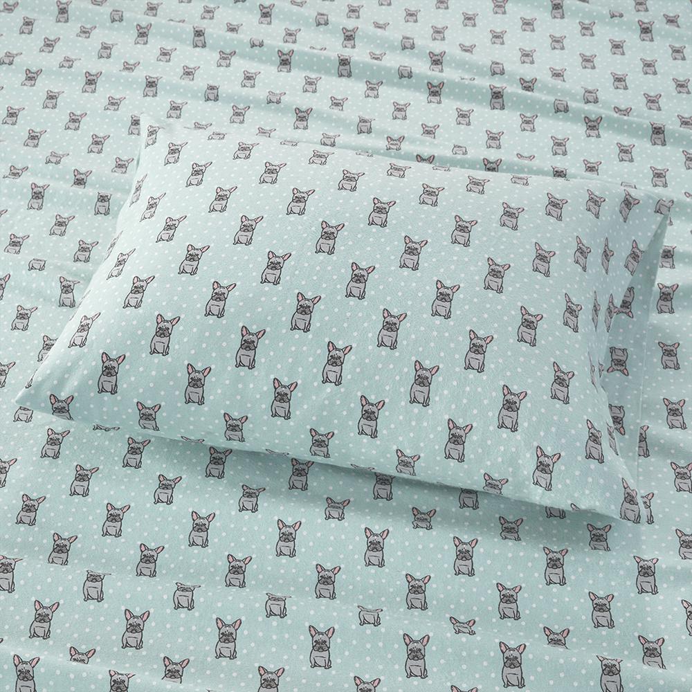 Cozy Flannel Printed Sheet Set, Aqua French Bulldog color