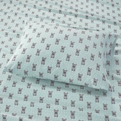Cozy Flannel Printed Sheet Set, Aqua French Bulldog color