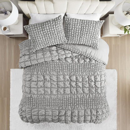 Evelyn 3 Piece Stripe Ruched Comforter Set, Grey color