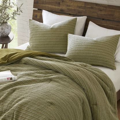 Lyon Waffle Washed Comforter Set, Green color