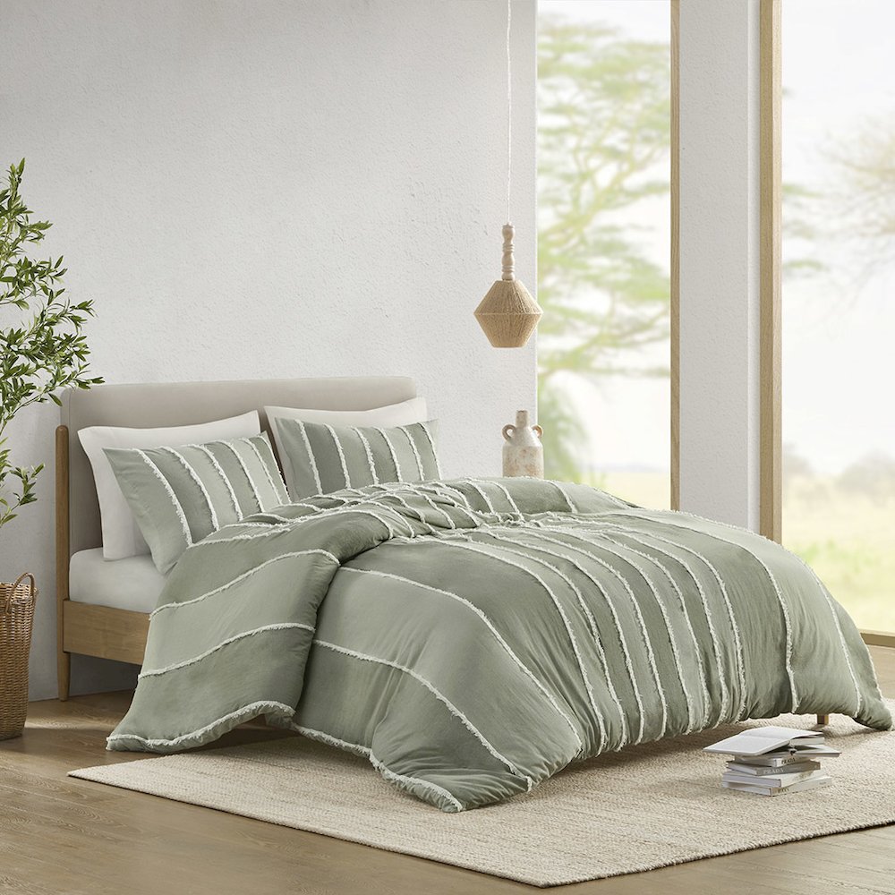 Shay 3 Piece Striped Cotton Duvet Cover Set, Sage color