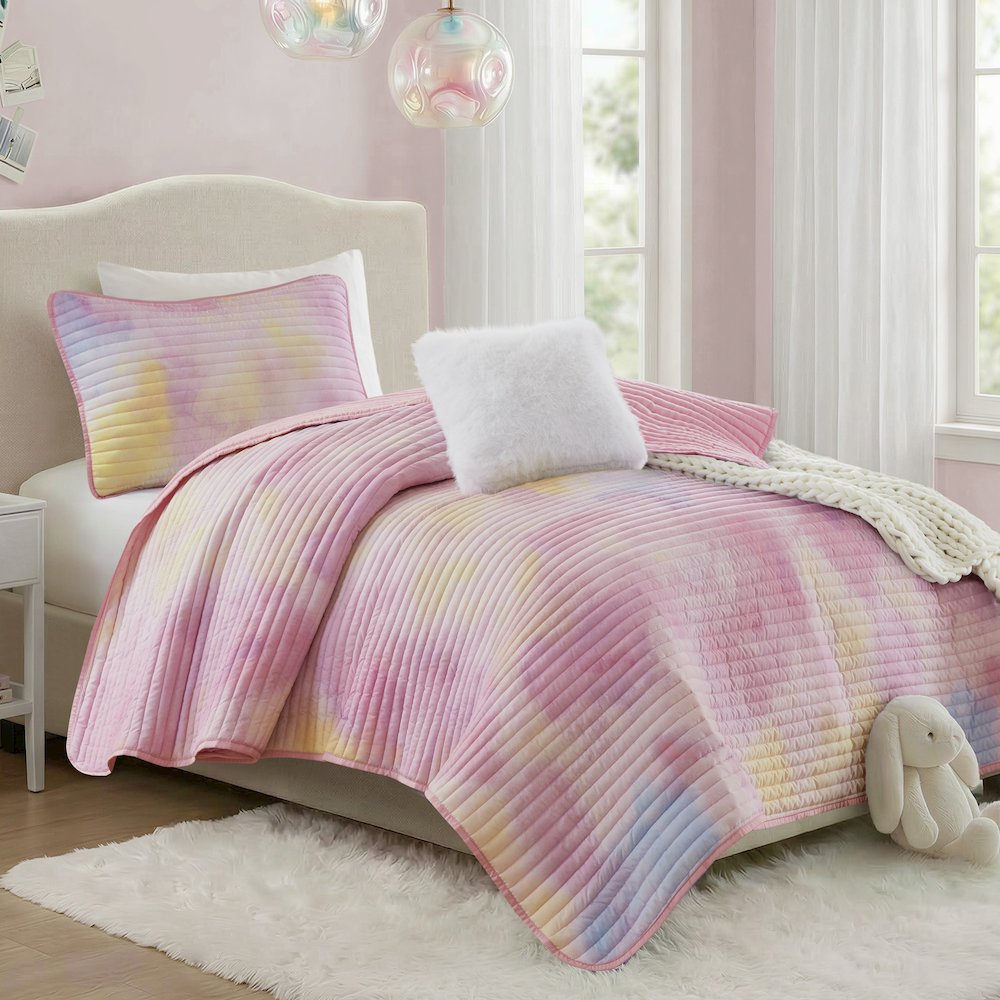 Cassiopeia Watercolor Tie Dye Printed Quilt Set with Throw Pillow