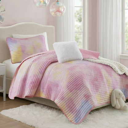 Cassiopeia Watercolor Tie Dye Printed Quilt Set with Throw Pillow