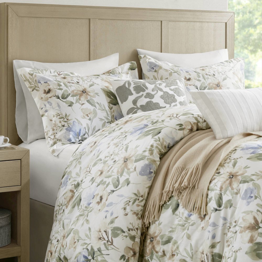 Herbal 5 Piece Cotton Sateen Print Duvet Set, Multi color