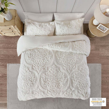 Viola 3 Piece Tufted Cotton Chenille Damask Duvet Cover Set