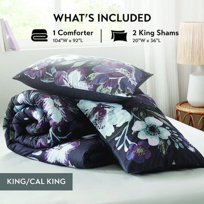 Jolene 3 Piece Cotton Printed Comforter Set, Dark Grey/Plum color