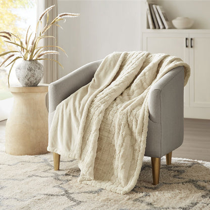 Zuri Oversized Faux Fur Heated Throw in Ivory Texture