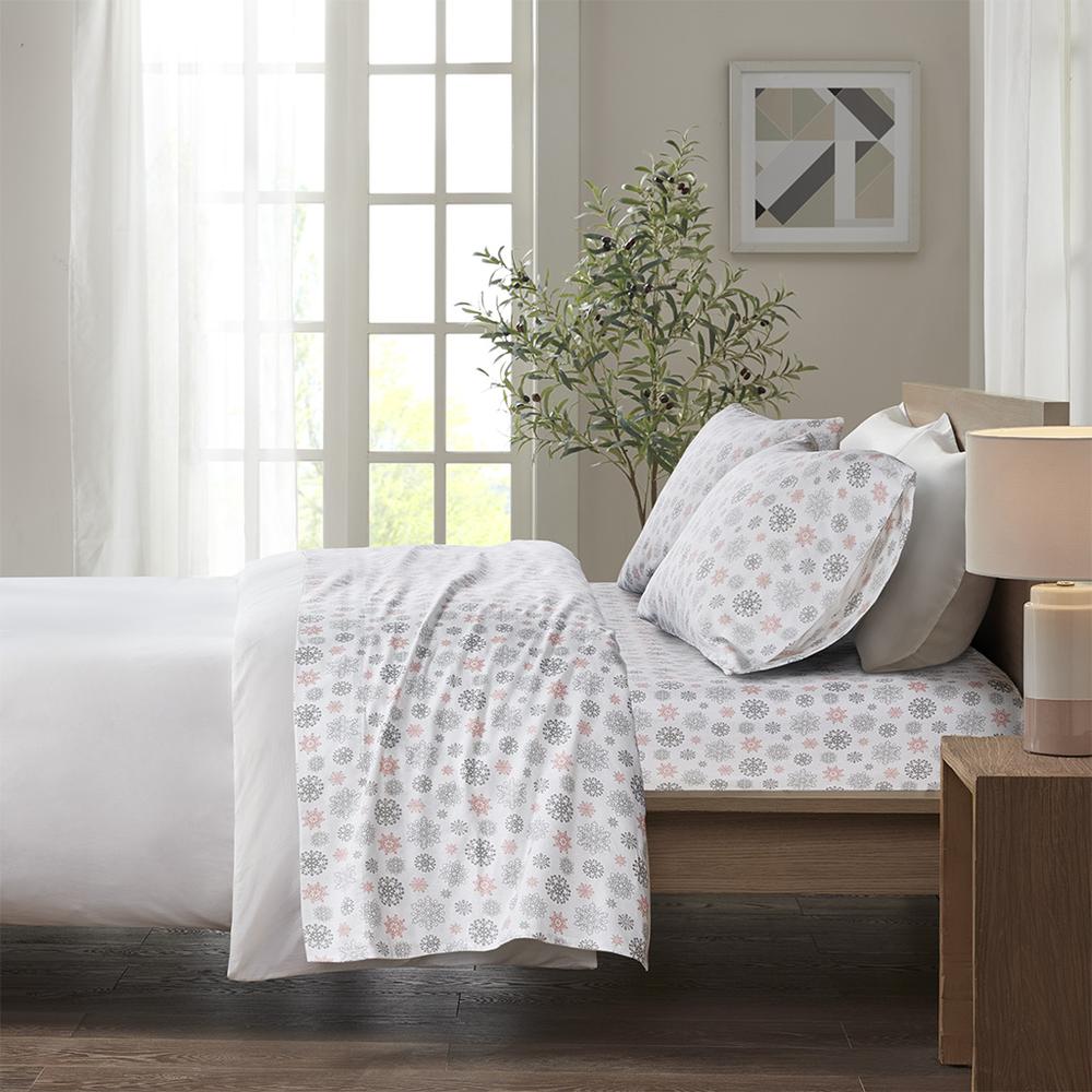 Cozy Flannel Printed Sheet Set, Pink/Grey Snowflakes color