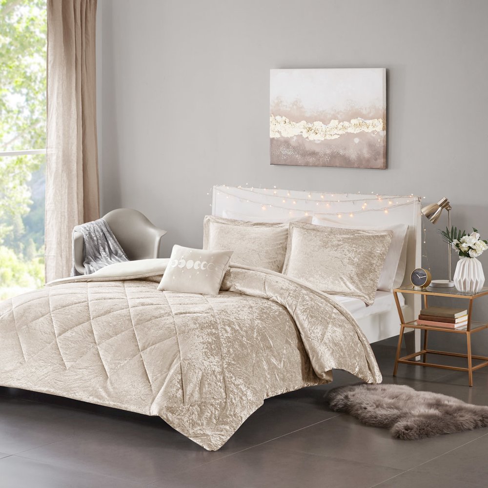 Felicia Velvet Duvet Cover Set with Throw Pillow in Champagne Color