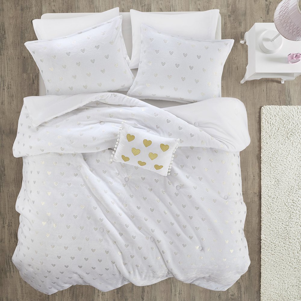 Metallic Printed Plush Comforter Set with Throw Pillow in White/Gold Color