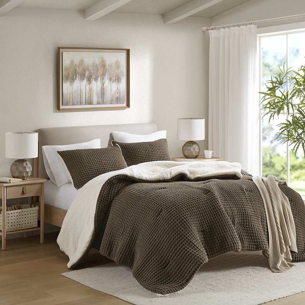 Riordan Waffle Knit Chenille Comforter Set in Brown Color