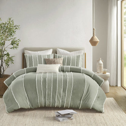 Shay 3 Piece Striped Cotton Comforter Set, Sage color
