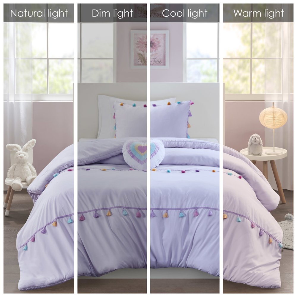 Tessa Tassel Comforter Set with Heart Shaped Throw Pillow in Lavender Color