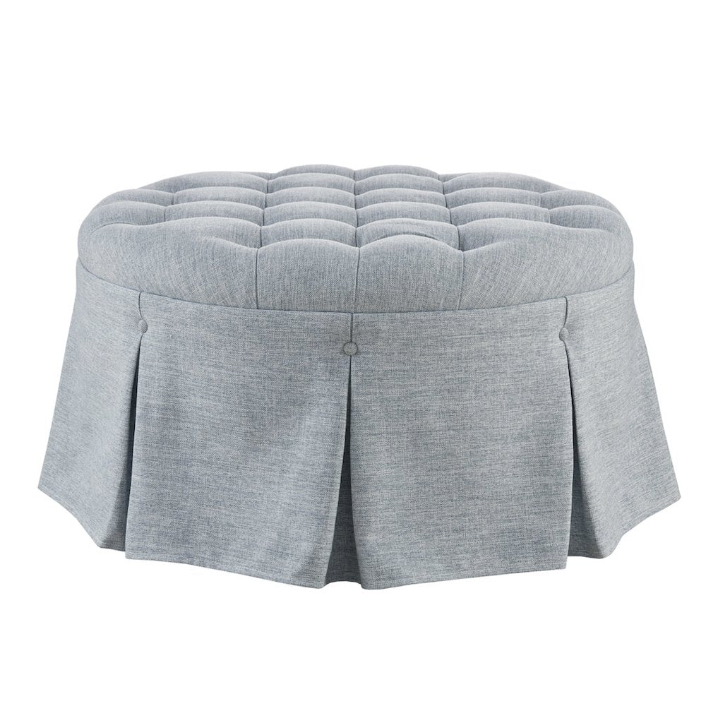 Terri Skirted Tufted 32" Round Ottoman, Light Blue color